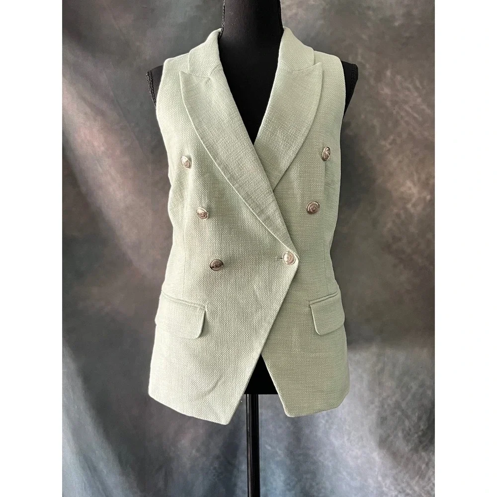 White House Black Market Tweed Vest Sleeveless Light Green Double Breasted 14 - Picture 1 of 7